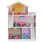Drewniany domek dla lalek duży 3-piętrowy + meble + taras