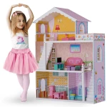 Drewniany domek dla lalek duży 3-piętrowy + meble + taras