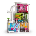 Drewniany domek dla lalek duży 3-piętrowy + meble + taras + winda