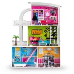 Drewniany domek dla lalek duży 3-piętrowy + meble + taras + winda