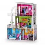 Drewniany domek dla lalek duży 3-piętrowy + meble + taras + winda