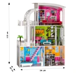 Drewniany domek dla lalek duży 3-piętrowy + meble + taras + winda