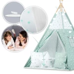 Namiot tipi dla dzieci ze światełkami - miętowe w gwiazdki 